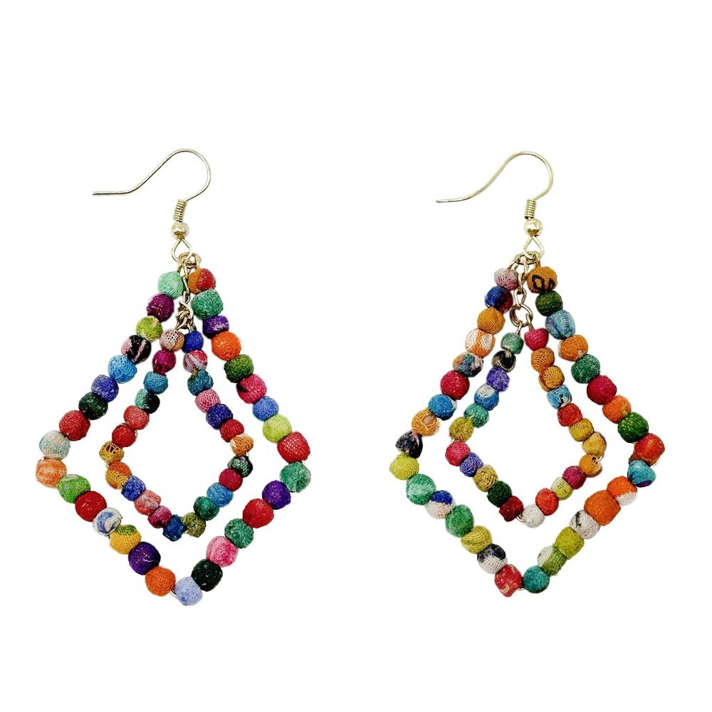 Fair Trade Kite Chandelier Earrings Recycled Kantha Fabric Bead Boho Handmade